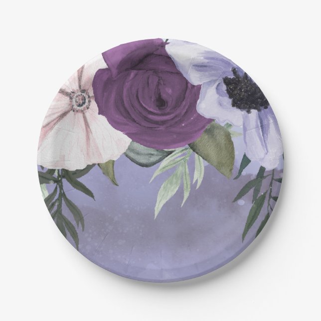 Modern Purple Lavender Floral Watercolor Wedding Paper Plate (Front)