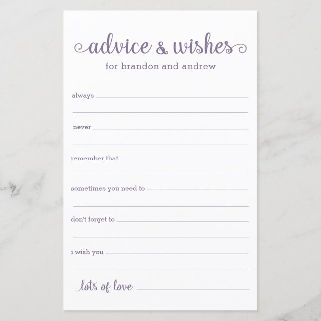 Modern Purple LGBTQ Wedding Advice and Wishes  (Front)