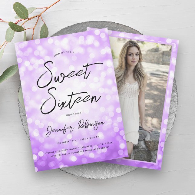 Modern Purple Lights Photo Sweet 16 Party Invitation (Modern Purple Lights Photo Sweet 16 Party Invitation)