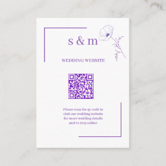 Modern Purple Line Art Flo QR Code Wedding Website Enclosure Card