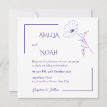 Modern Purple Line Art Floral Wedding Invitation