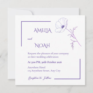 Modern Purple Line Art Floral Wedding Invitation