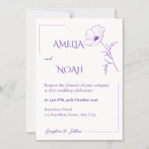 Modern Purple Line Art Floral Wedding Invitation