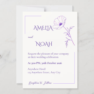 Modern Purple Line Art Floral Wedding Invitation