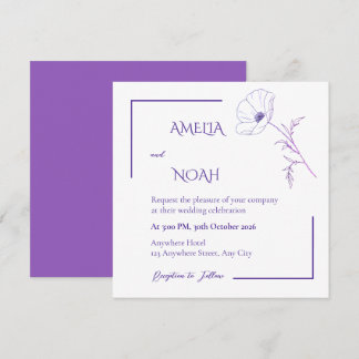 Modern Purple Line Art Floral Wedding Invitation