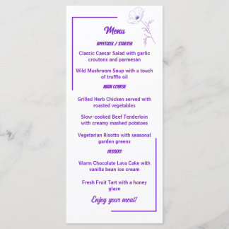 Modern Purple Line Art Floral Wedding Menu Card