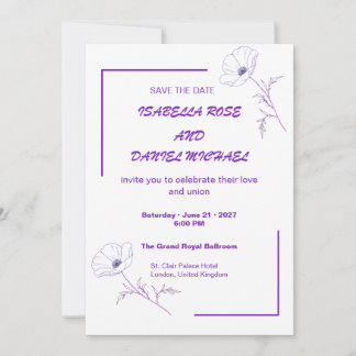Modern Purple Line Art Save the Date Wedding Card