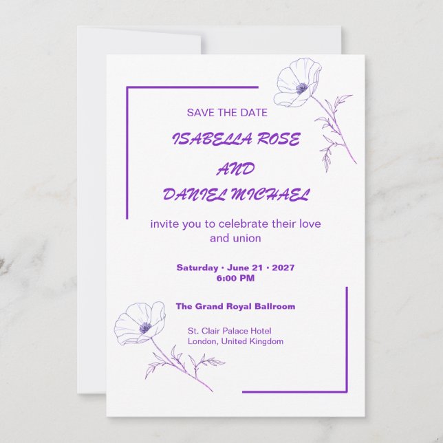 Modern Purple Line Art  Save the Date Wedding Card (Front)