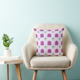 Modern Purple Lotus & Green Leaf Throw Pillow