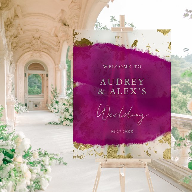 Modern Purple Magenta Gold Wedding Welcome Acrylic Sign (Creator Uploaded)