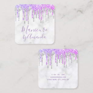 Modern purple & marble glitter drips manicure square business card
