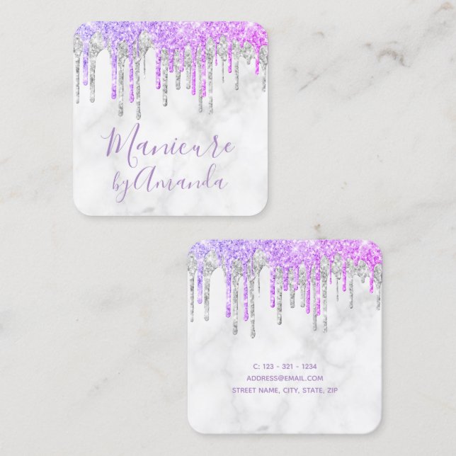 Modern purple & marble glitter drips manicure square business card (Front/Back)