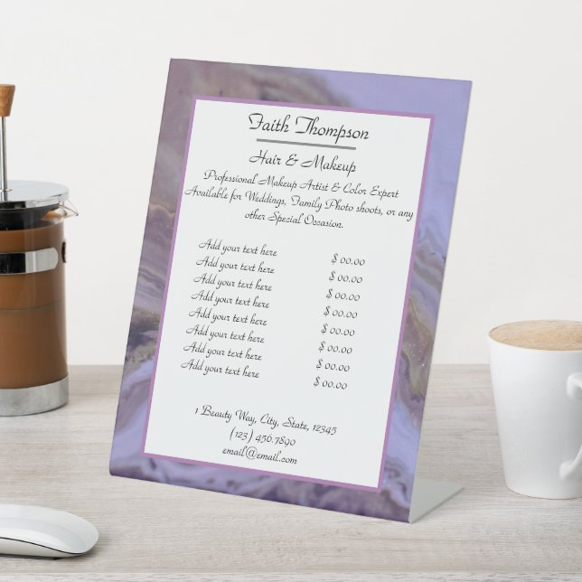 Modern Purple Marble Hair Stylist Price Sheet Pedestal Sign (In SItu)