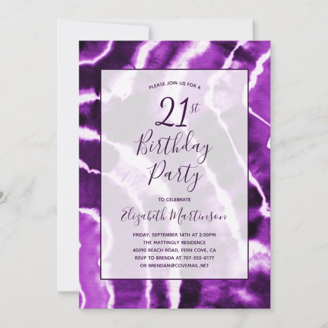 Modern Purple Marble Tie Dye 21st Birthday Party Invitation (Front)