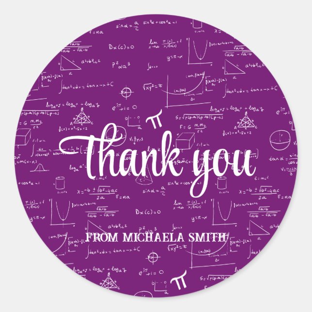 Modern Purple Math Graduation Thank You Classic Round Sticker (Front)