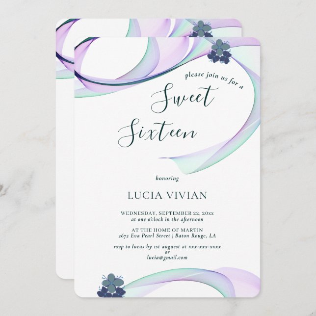 Modern Purple Mini Floral Sweet Sixteen Birthday Invitation (Front/Back)