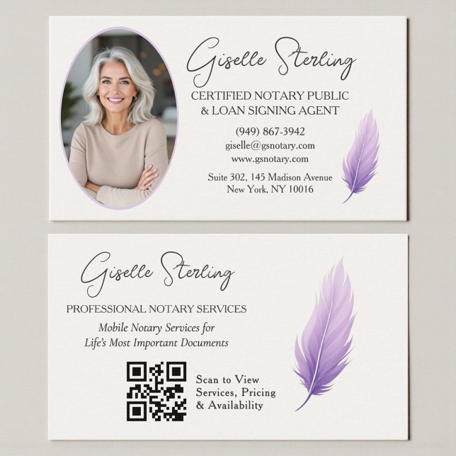 Modern Purple Mobile Notary Photo QR Code Business Card (Creator Uploaded)