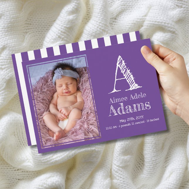 Modern Purple Monogram Birth Stats Photo Announcement (Creator Uploaded)