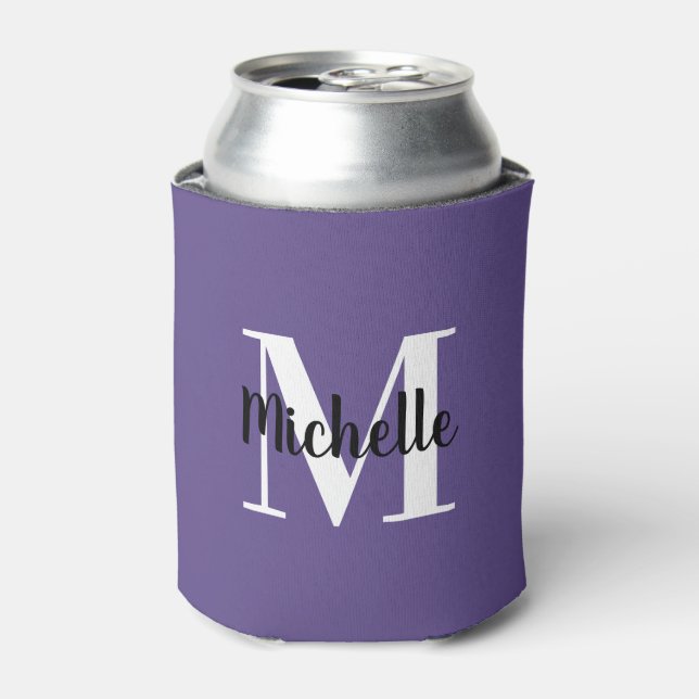 Modern Purple Monogram Name + Initial Can Cooler (Can Front)