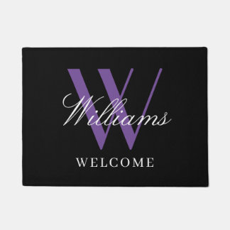 Modern Purple Monogram Newlyweds Name Wedding Doormat