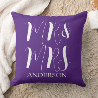 Modern Purple Mr and Mrs Script Wedding Cushion