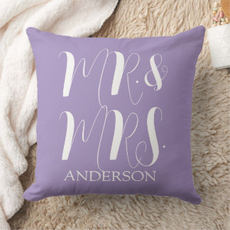 Modern Purple Mr and Mrs Script Wedding Cushion