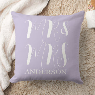 Modern Purple Mr and Mrs Script Wedding Cushion