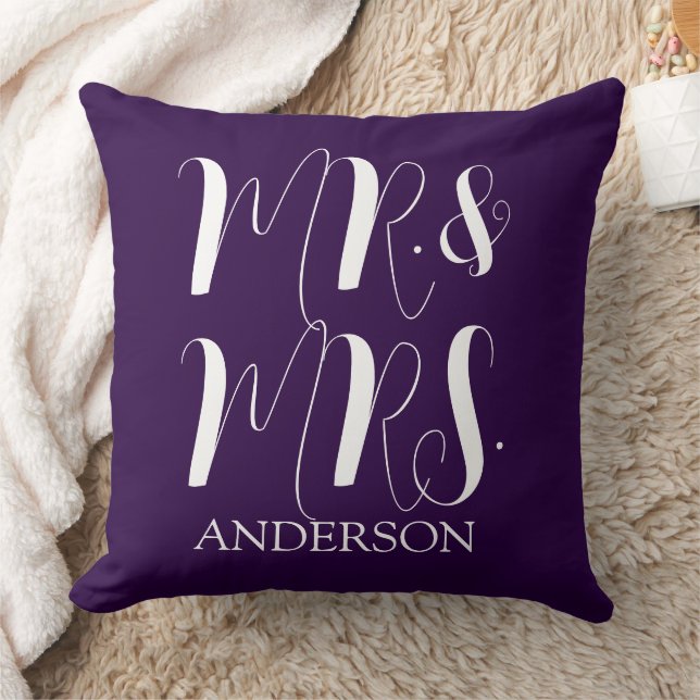 Modern Purple Mr and Mrs Script Wedding  Cushion (Blanket)