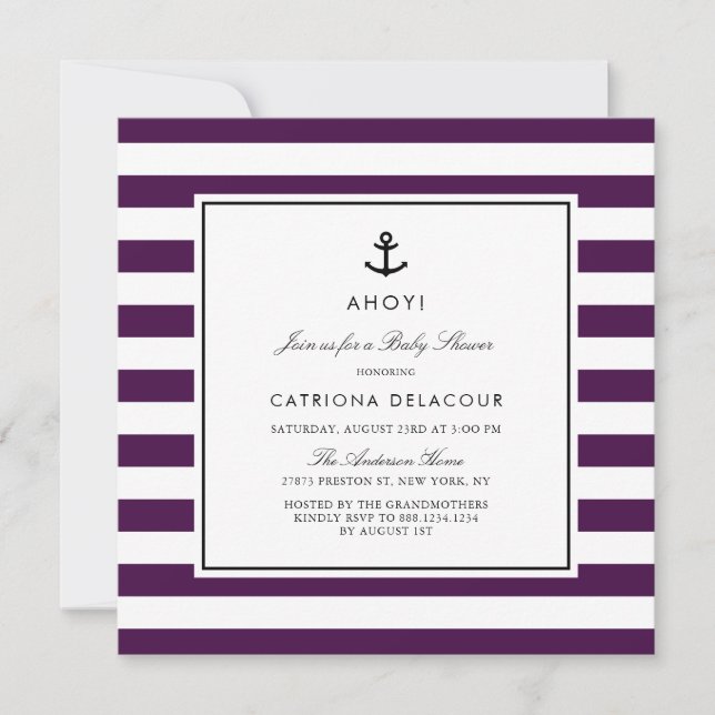 Modern Purple Nautical Stripes Baby Shower Invitation (Front)