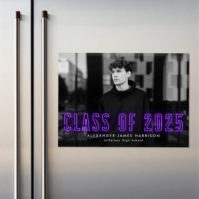 Modern Purple Neon Class of 2025 Photo Graduation Magnetic Invitation (Creator Uploaded)