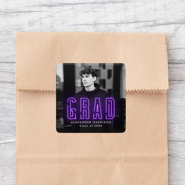 Modern Purple Neon Graduation Square Sticker (Creator Uploaded)