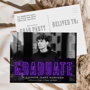 Modern Purple Neon Photo Graduation Party Invitation Postcard