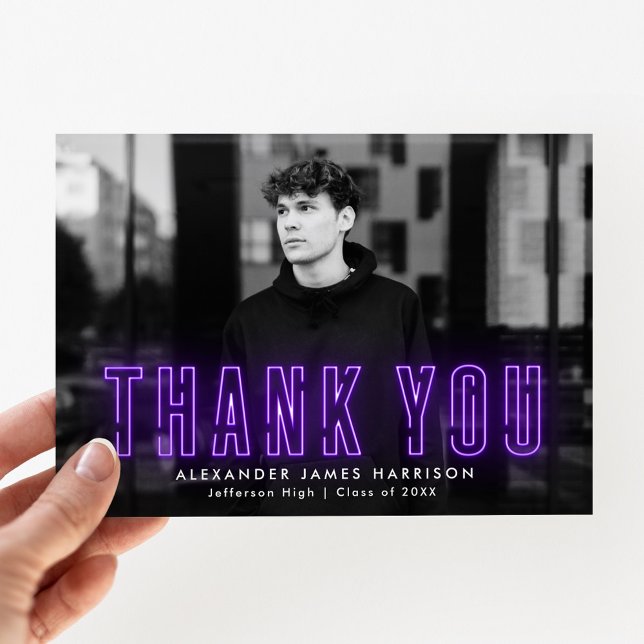Modern Purple Neon Photo Graduation Thank You Card (Creator Uploaded)
