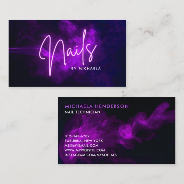 Modern Purple Neon & Smoke Nail Technician Business Card (Front/Back)