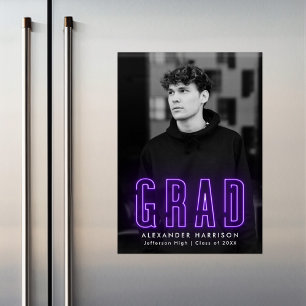 Modern Purple Neon Vertical Photo Graduation Magnetic Invitation