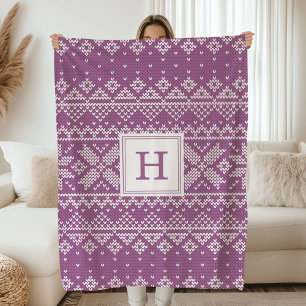 Modern Purple Nordic Sweater Knit Monogram Holiday Fleece Blanket