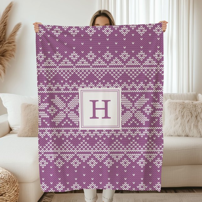 Modern Purple Nordic Sweater Knit Monogram Holiday Fleece Blanket (Creator Uploaded)
