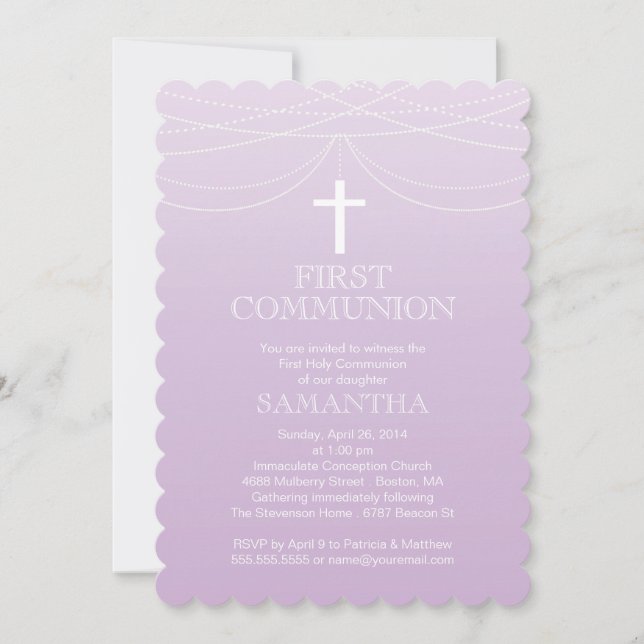 Modern Purple Ombre Garland Cross Communion Invitation (Front)