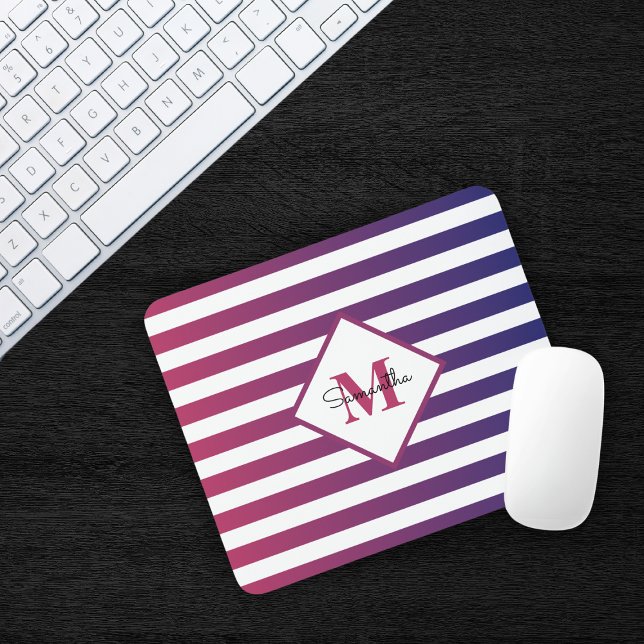Modern Purple Ombre Stripes Monogram Mouse Pad (Creator Uploaded)