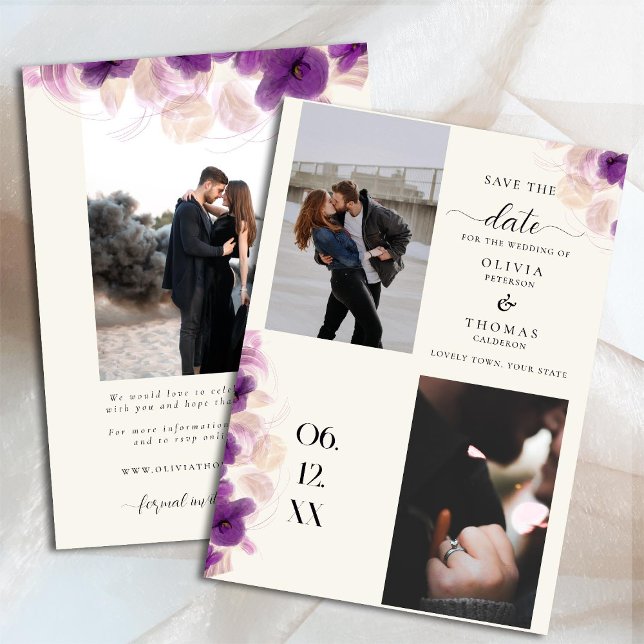 Modern Purple Orchid Boho Chic 3 Photos Wedding Save The Date (Creator Uploaded)
