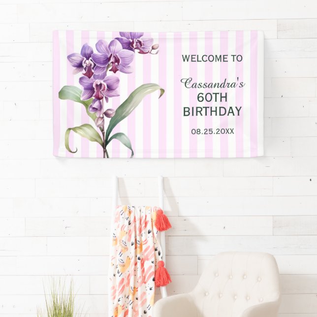 Modern Purple Orchid Flower Stripes Birthday Banner (Insitu)