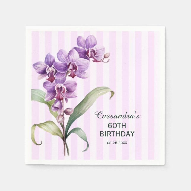 Modern Purple Orchid Stripes Floral 60th Birthday  Napkin (Front)
