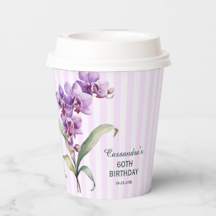 Modern Purple Orchid Stripes Floral 60th Birthday  Paper Cups