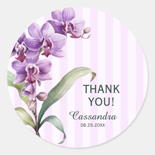 Modern Purple Orchid Stripes Floral Thank You Classic Round Sticker (Front)