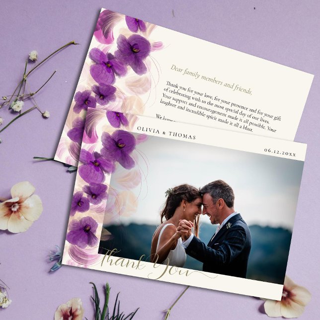 Modern Purple Orchids Gold Wedding Photo Thank You (Creator Uploaded)