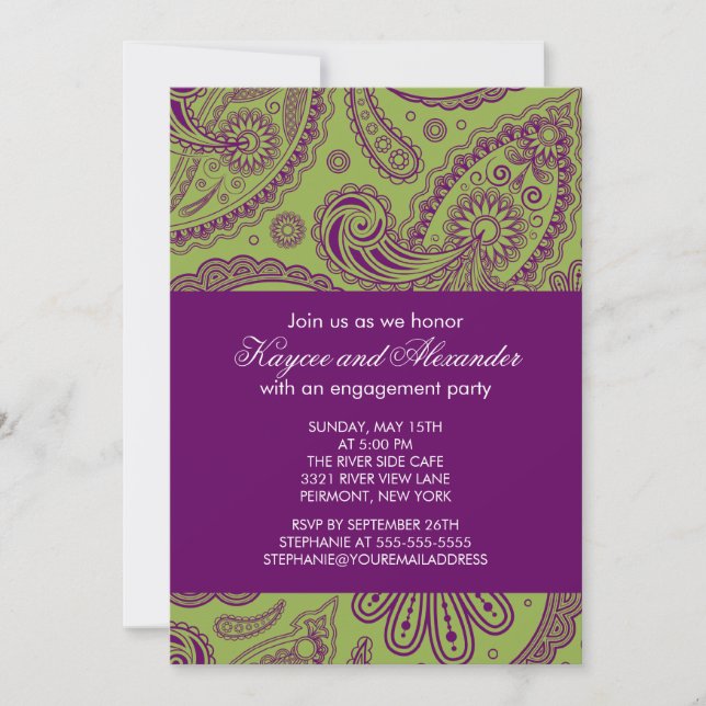 Modern Purple Paisley Engagement Party Invitations (Front)