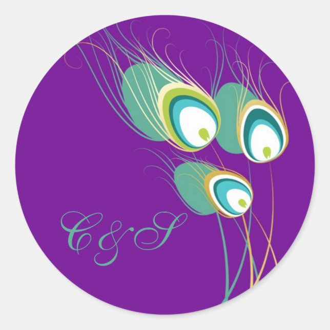 Modern Purple Peacock Wedding Favour Stickers (Front)