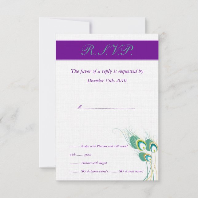 Modern Purple Peacock Wedding RSVP Cards (Front)