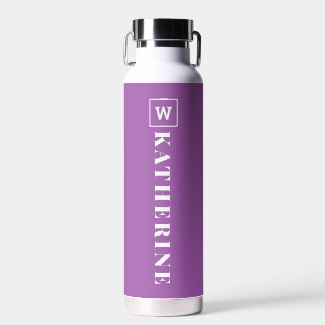 Modern Purple Personalised Name Monogram Simple Water Bottle (Front)