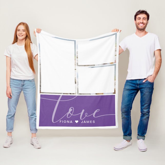 Modern Purple Photo Collage Love Personalised Fleece Blanket (In Situ)